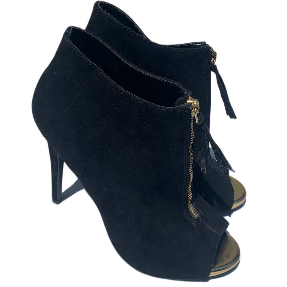 Mossimo Supply Co. women’s size 8 1/2 suede black and gold open toe high heels